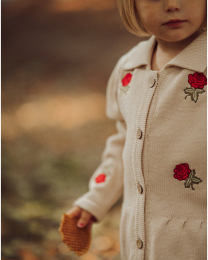 Girls Cardigan, 100% Organic Soft Cotton with Embroidered Red Roses