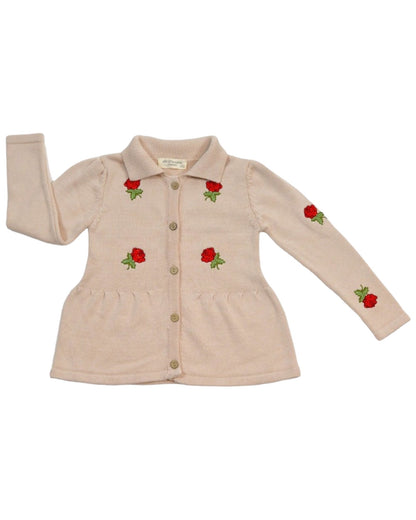 Girls Cardigan, 100% Organic Soft Cotton with Embroidered Red Roses