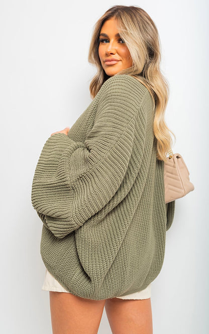 Elegant Soft Knit Balloon Sleeve Cardigan, Made from Recycled Materials